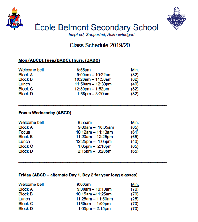2019/20 Bell Schedule Belmont