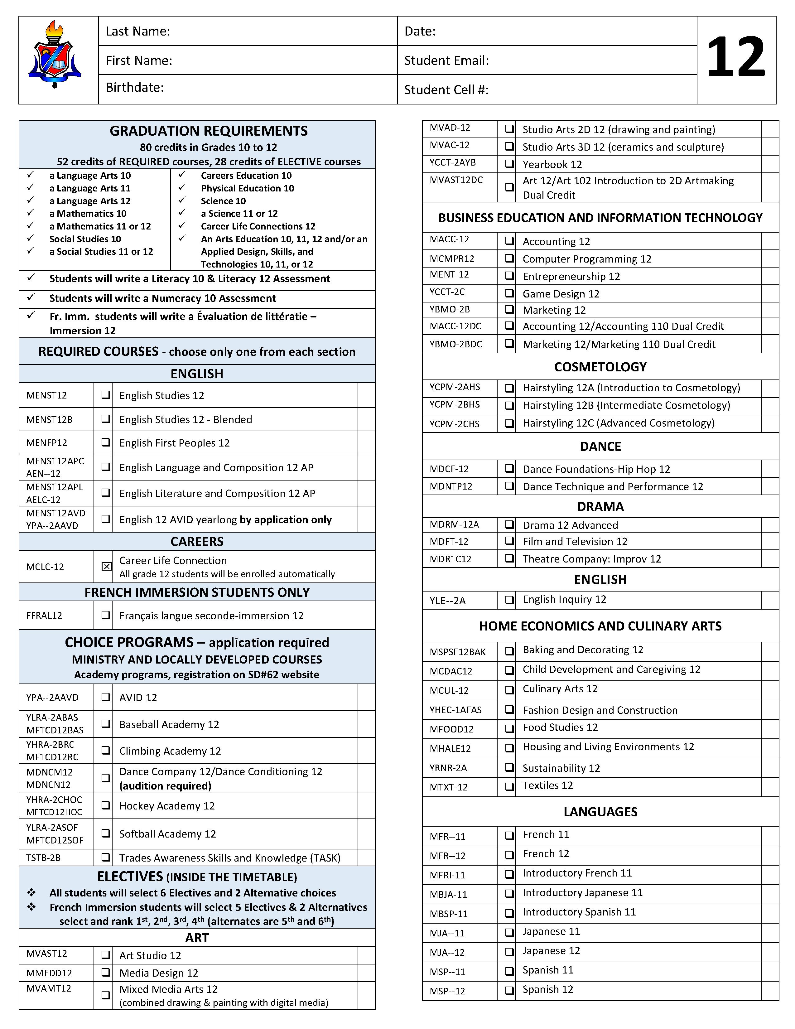 Grade 12 Course Selection Form_1 | Belmont